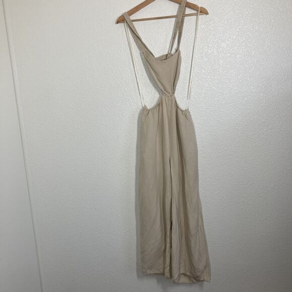 ASTR The Label Marise Jumpsuit Womens XS Beige Linen Blend Wide Leg Cut Out - Picture 4 of 16